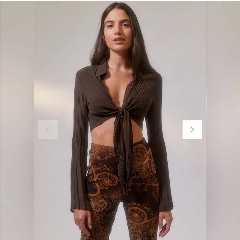 Urban Outfitters Brown Mesh Tie-Front Ribbed Long Sleeve Crop Top sz Medium